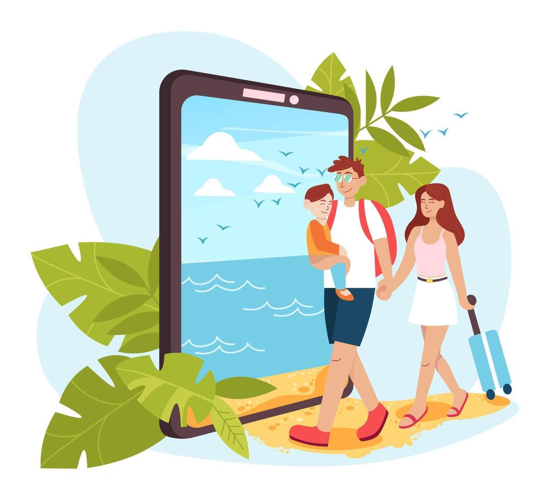 Family walking to vacation through phone screen vector