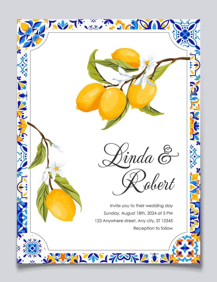 Lemon Positano Wedding Invitation. Mediterranean, Portuguese, Italian Blue Tiles. Talavera Citrus Party Invitation postcard. Amalfi Lemon branches, flowers and leaves. Elegant modern template. . vector