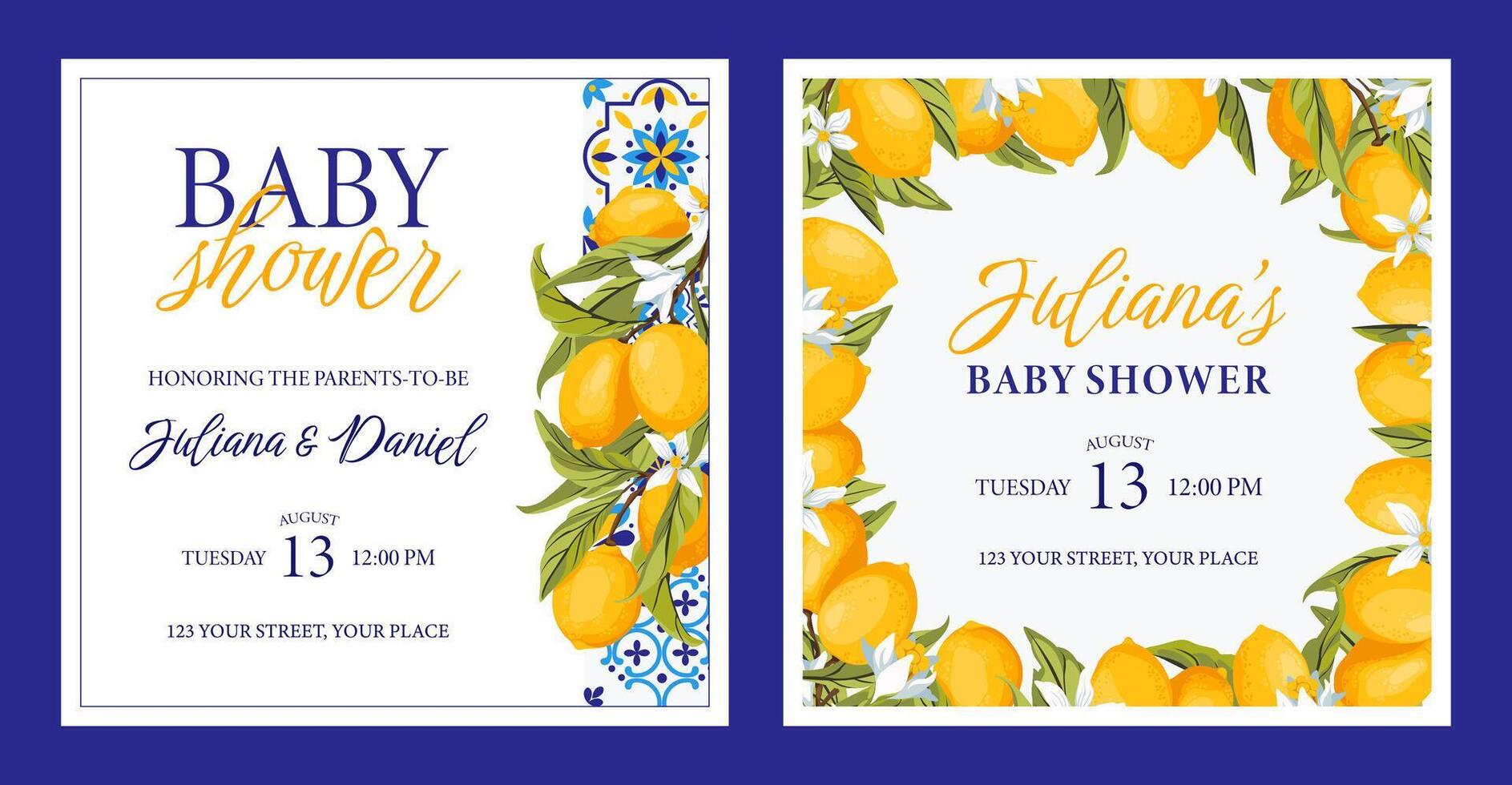 Lemon Citrus Amalfi coast Mediterranean Baby Shower Invitation Template. Lemon branches with fruits, flowers and leaves. Italian theme tuscan beach party, Coastal Baby. Illustration. vector