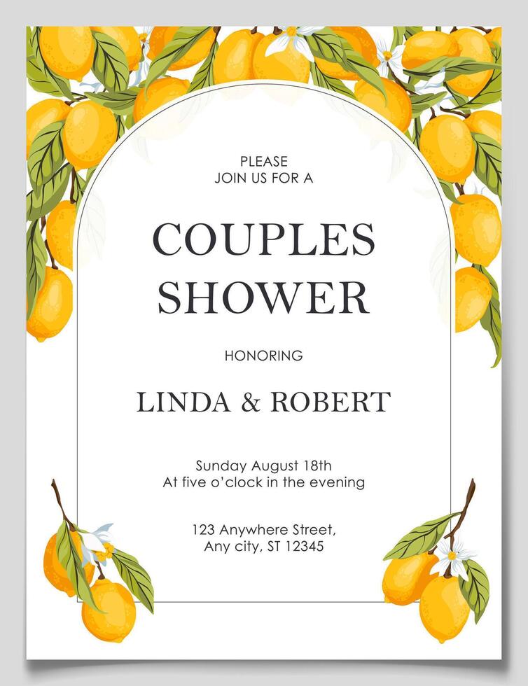 Couple Shower Engagement Party Citrus Invitation template. Summer garden wedding announcement card. Mediterranean, Amalfi, Italian, Sicilian style invitation. Elegant printable template. . vector