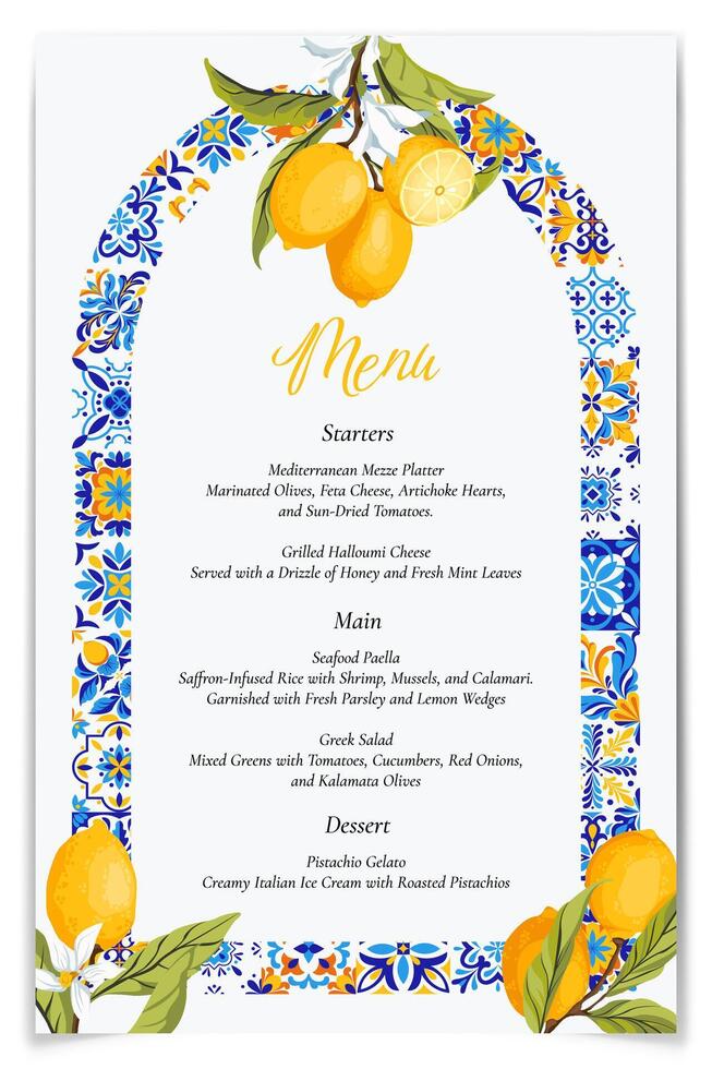 Blue tiles and lemon citrus menu card template. Summer Italian wedding food selection card. Mediterranean themed Amalfi coast citrus bridal shower menu. Capri bridal menu. Illustration. vector