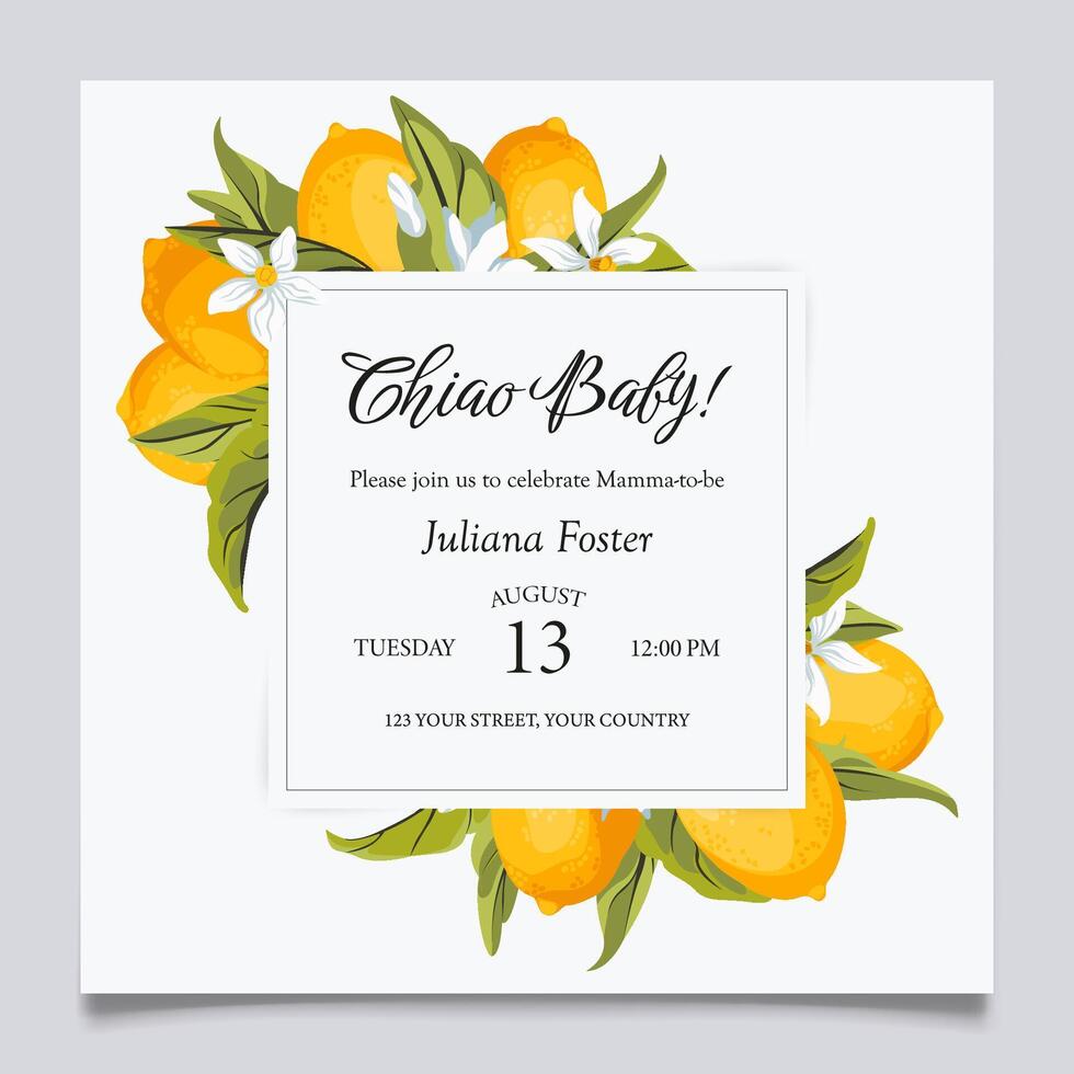 Lemon Citrus Amalfi coast Mediterranean Baby Shower Invitation Template. Lemon branches with fruits, flowers and leaves. Italian theme tuscan beach party, Coastal Baby. Illustration. vector