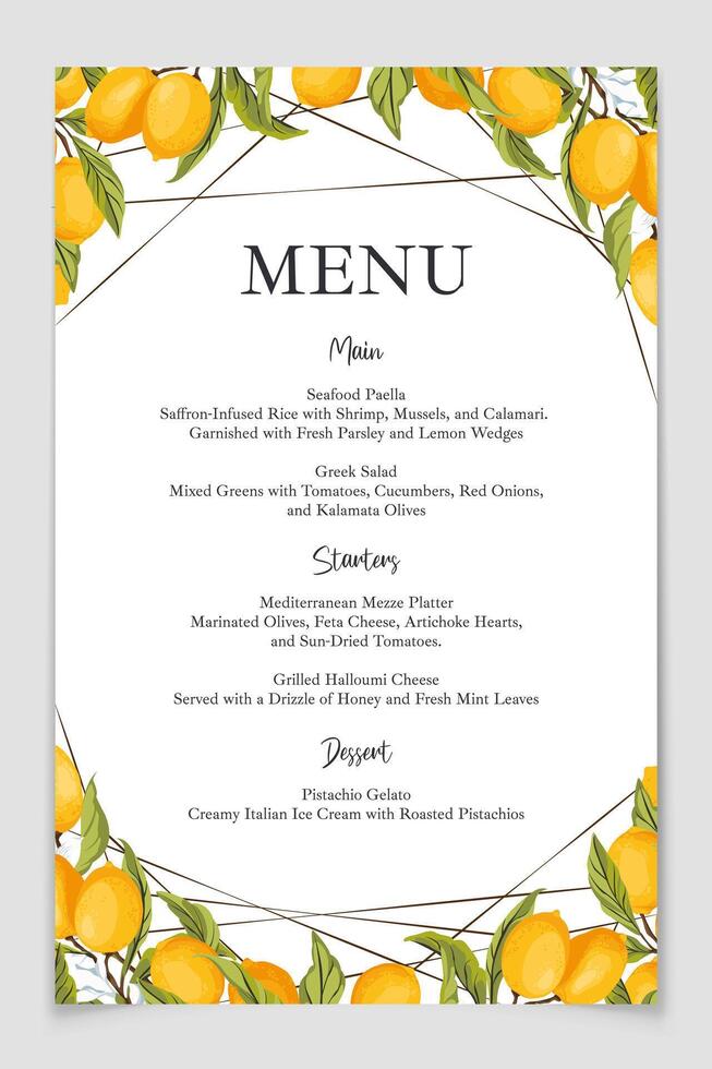 Lemon citrus menu card template. Summer wedding food selection card. Italian wedding menu. Summer dinner, citrus bridal shower menu. Capri bridal menu. Illustration. vector