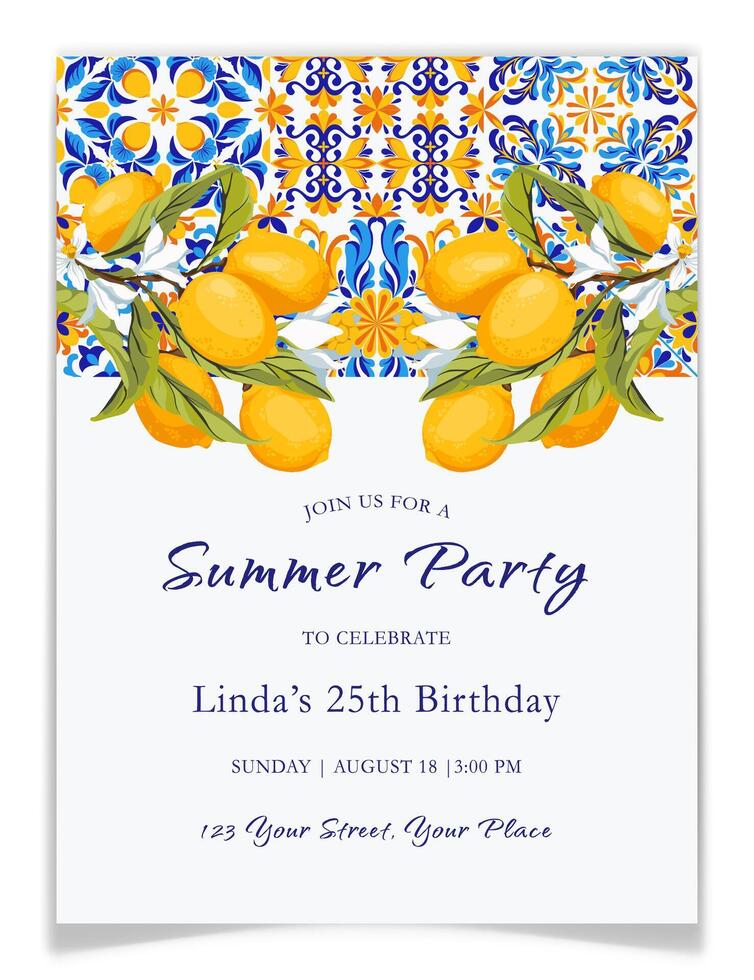 Summer Party Invitation with Lemon Branches. Mediterranean, Portuguese, Italian Blue and Yellow Ceramic Tiles. Talavera Citrus Birthday postcard. Amalfi coast party decoration. illustration. vector