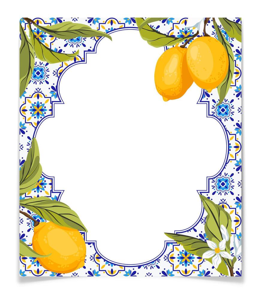 Frame with blue and white tiles and lemon branches with green leaves. Traditional mediterranean style, floral frames, invitation, party, wedding road signs. illustration. vector