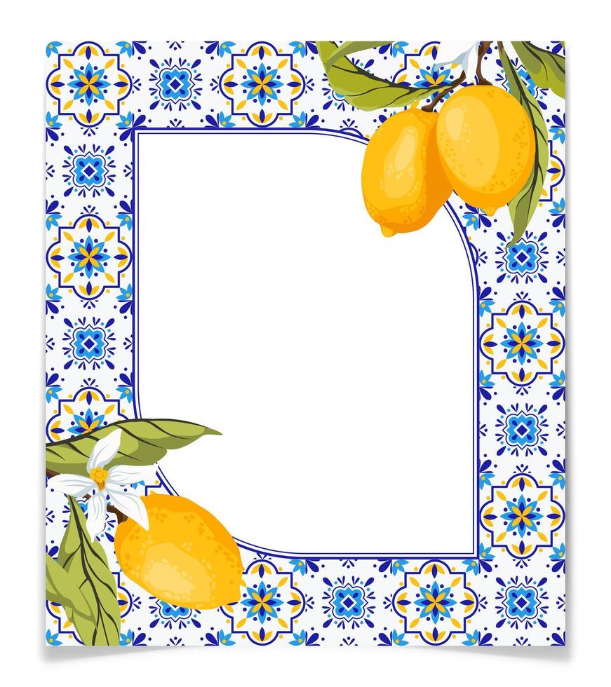 Frame with blue and white tiles and lemon branches with green leaves. Traditional mediterranean style, floral frames, invitation, party, wedding road signs. illustration. vector