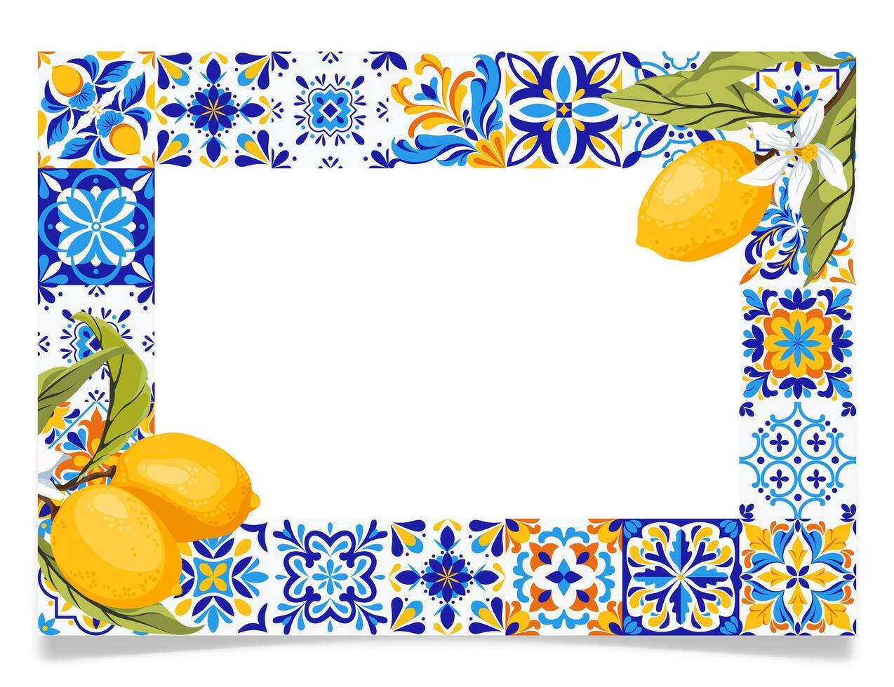 Frame with blue and white tiles and lemon branches with green leaves. Traditional mediterranean style, floral frames, invitation, party, wedding road signs. illustration. vector
