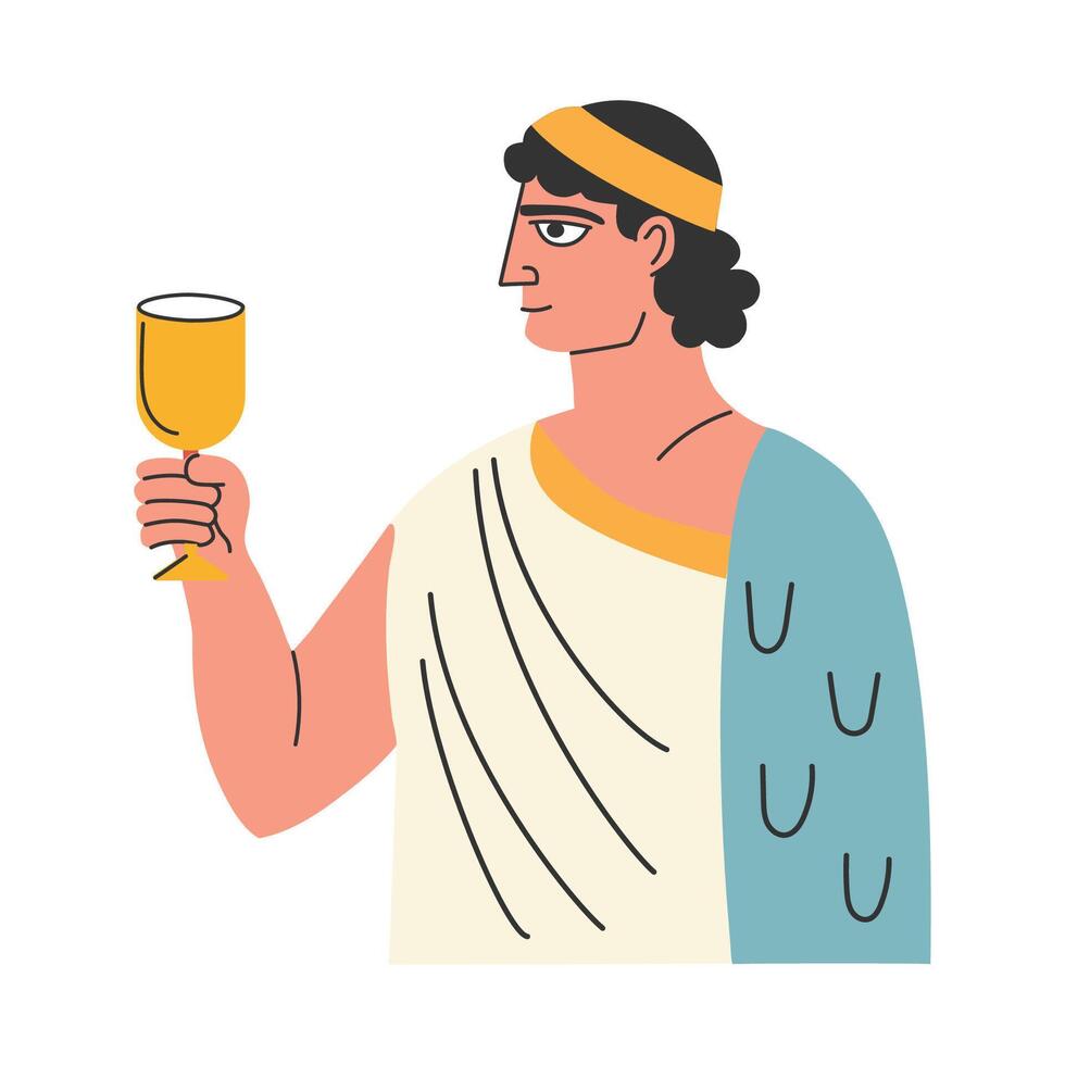 An ancient Greek with a glass of wine. A man holds a cup of wine. illustration in a flat style vector