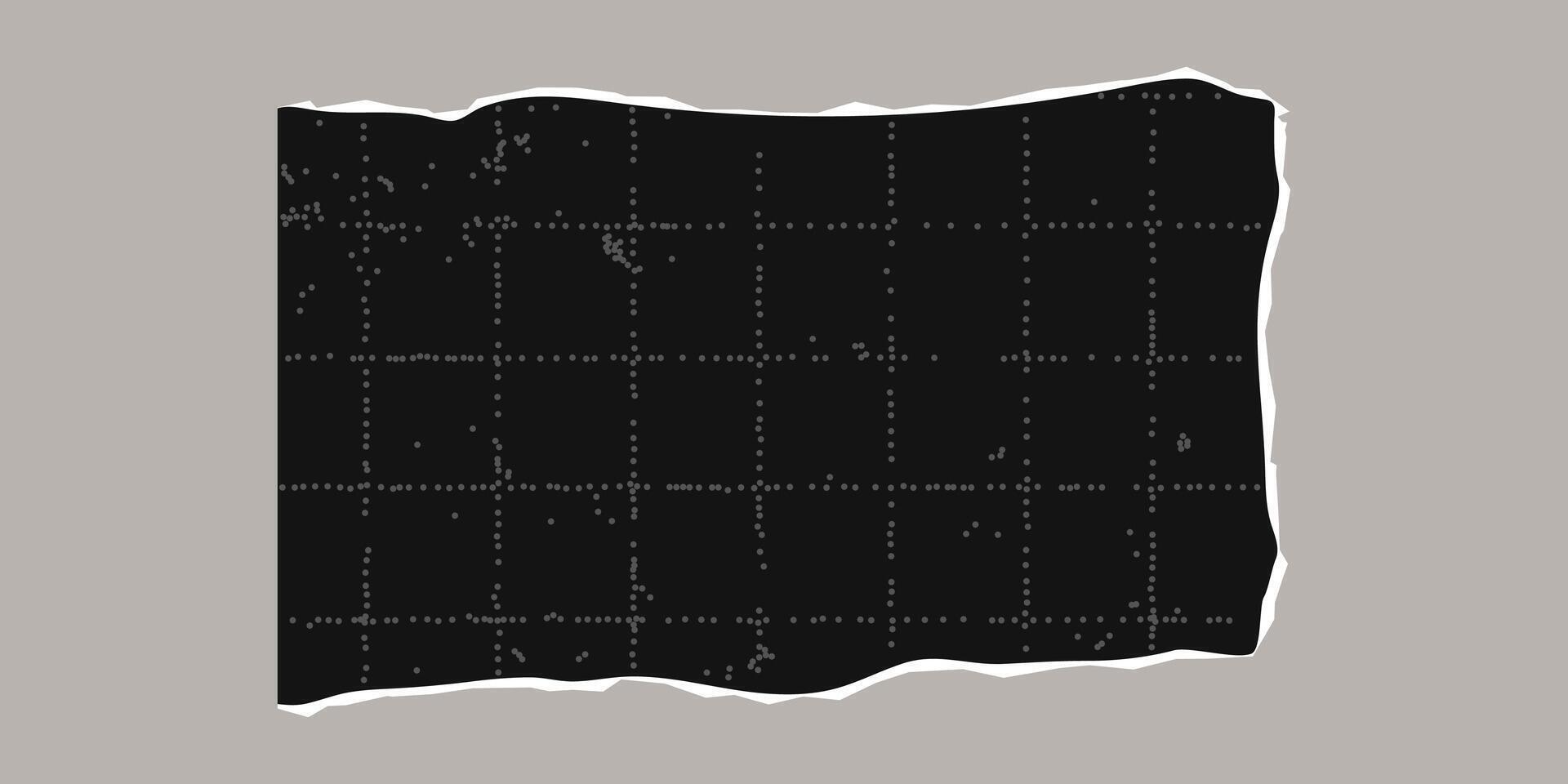 Black torn sheet of checkered paper with uneven edges. Black dotted textured background, noisy gritty dot effect. Banner template, empty space for text, text box. vector