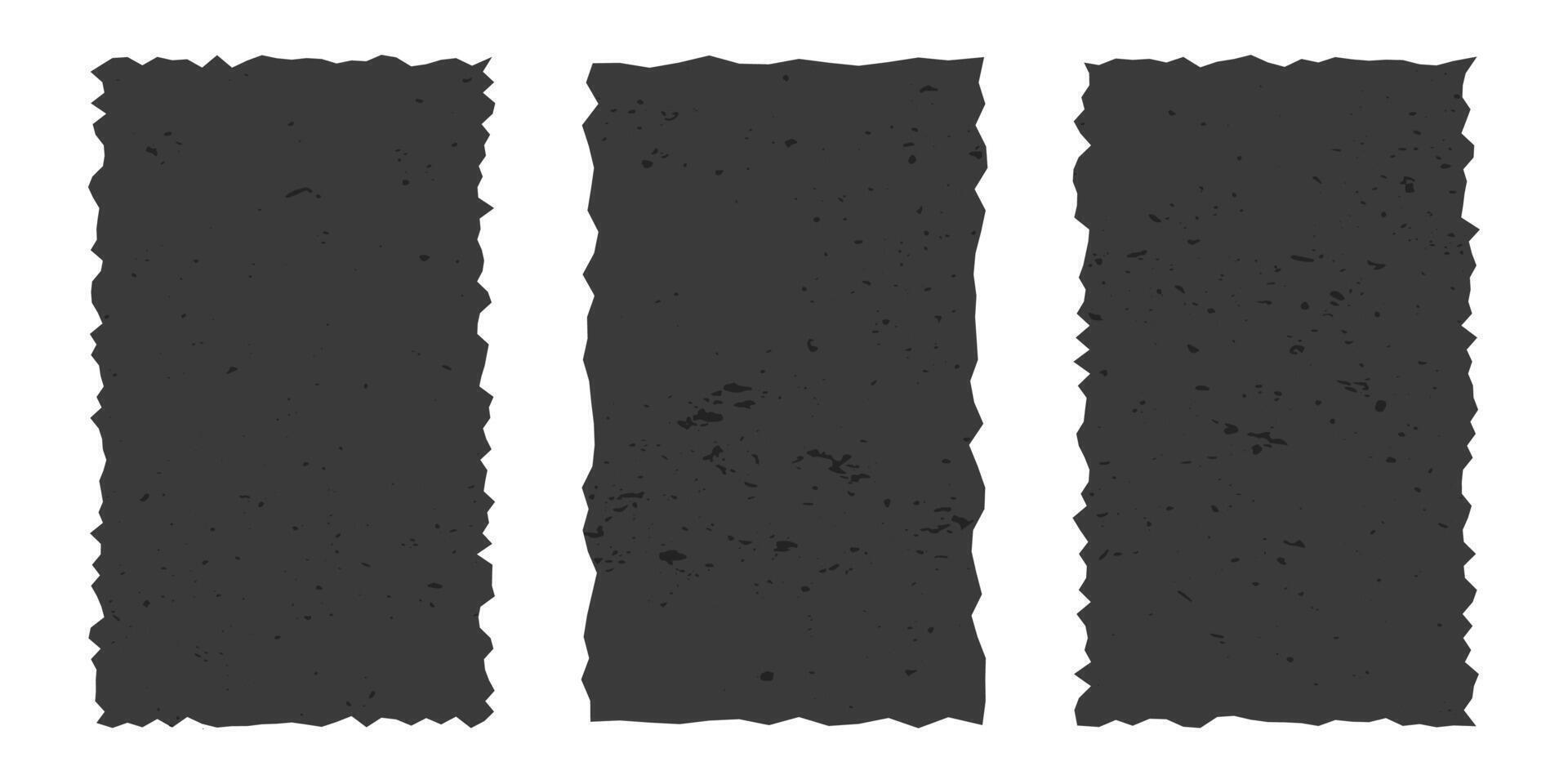 Set of vertical gray frames made of torn paper with vintage gritty texture, rectangles with jagged edges isolated on white background. Old ripped paper, grunge template. vector