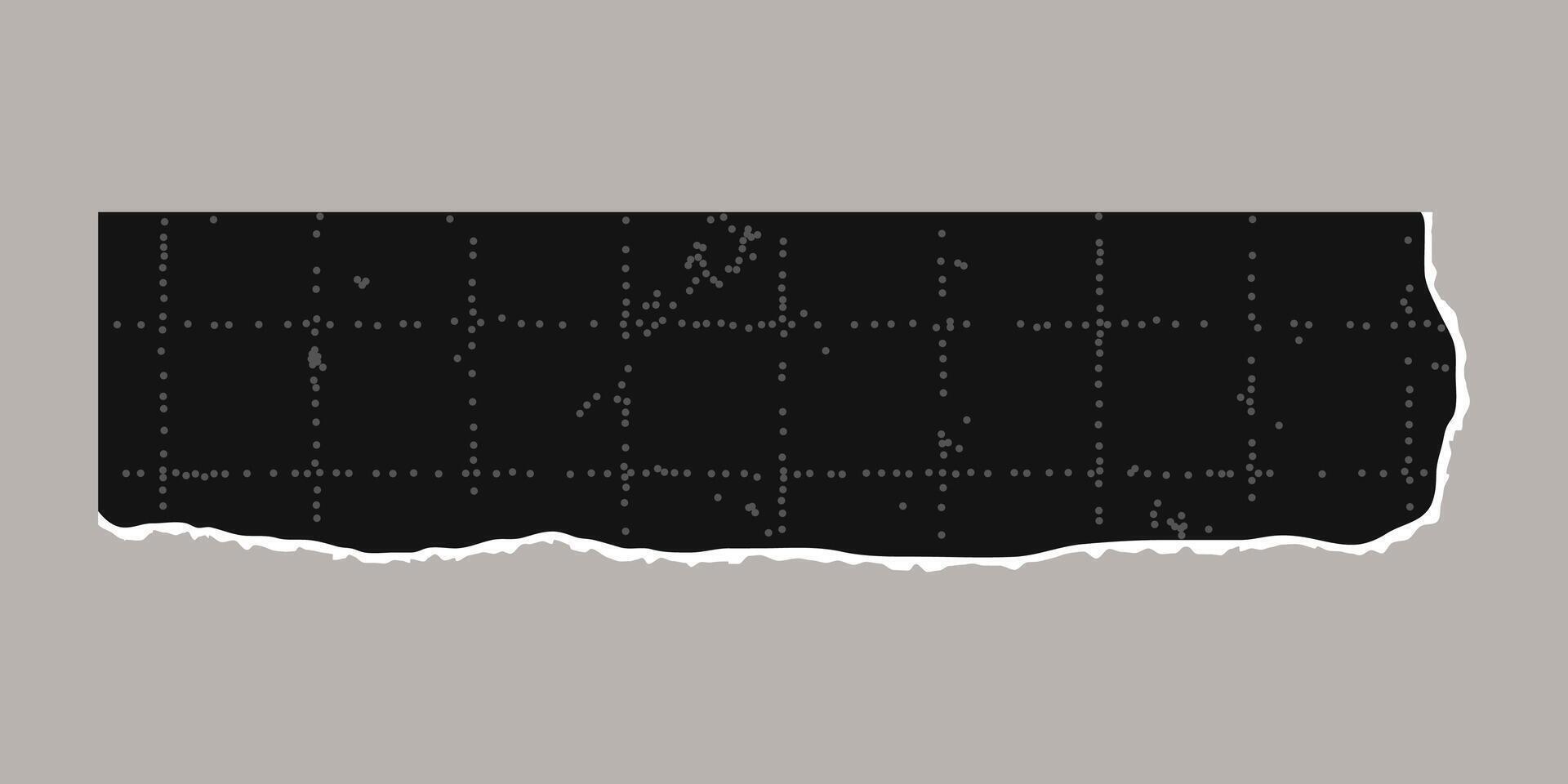Black torn sheet of checkered paper with jagged edges. Black dotted textured background, noisy gritty dot effect. Banner template, empty space for text, collage element. vector