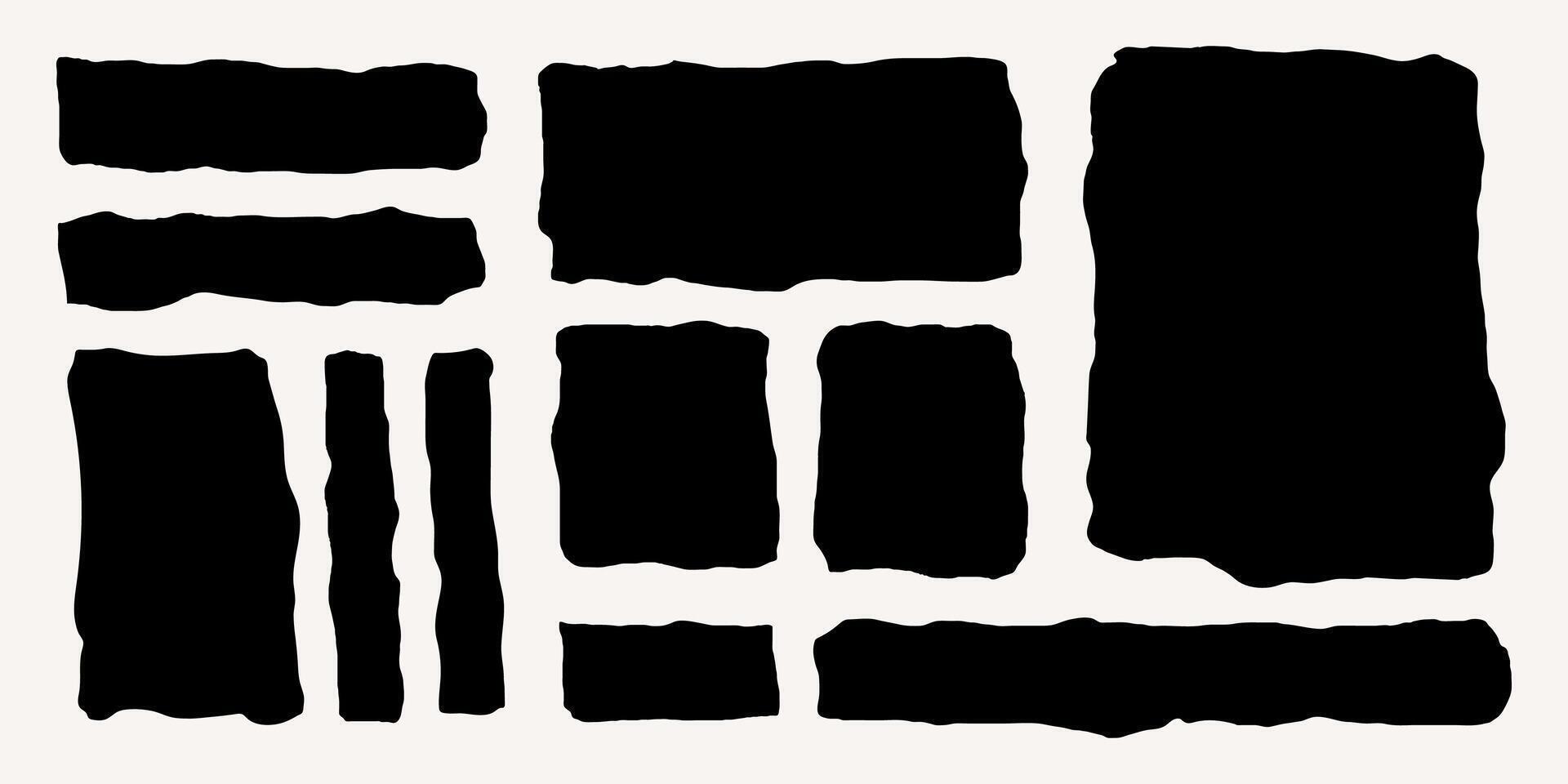 Set of black frames of different shapes and sizes made of torn paper, rectangles with jagged edges isolated on white background. Template for text, banner. vector