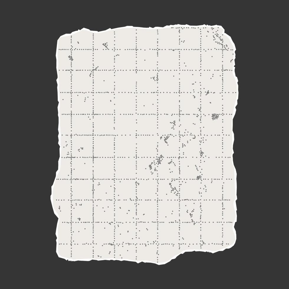 Torn sheet of checkered paper with jagged edges on dark background. Dotted textured background, noisy gritty effect. Banner template, empty space for text, torn aged element. vector