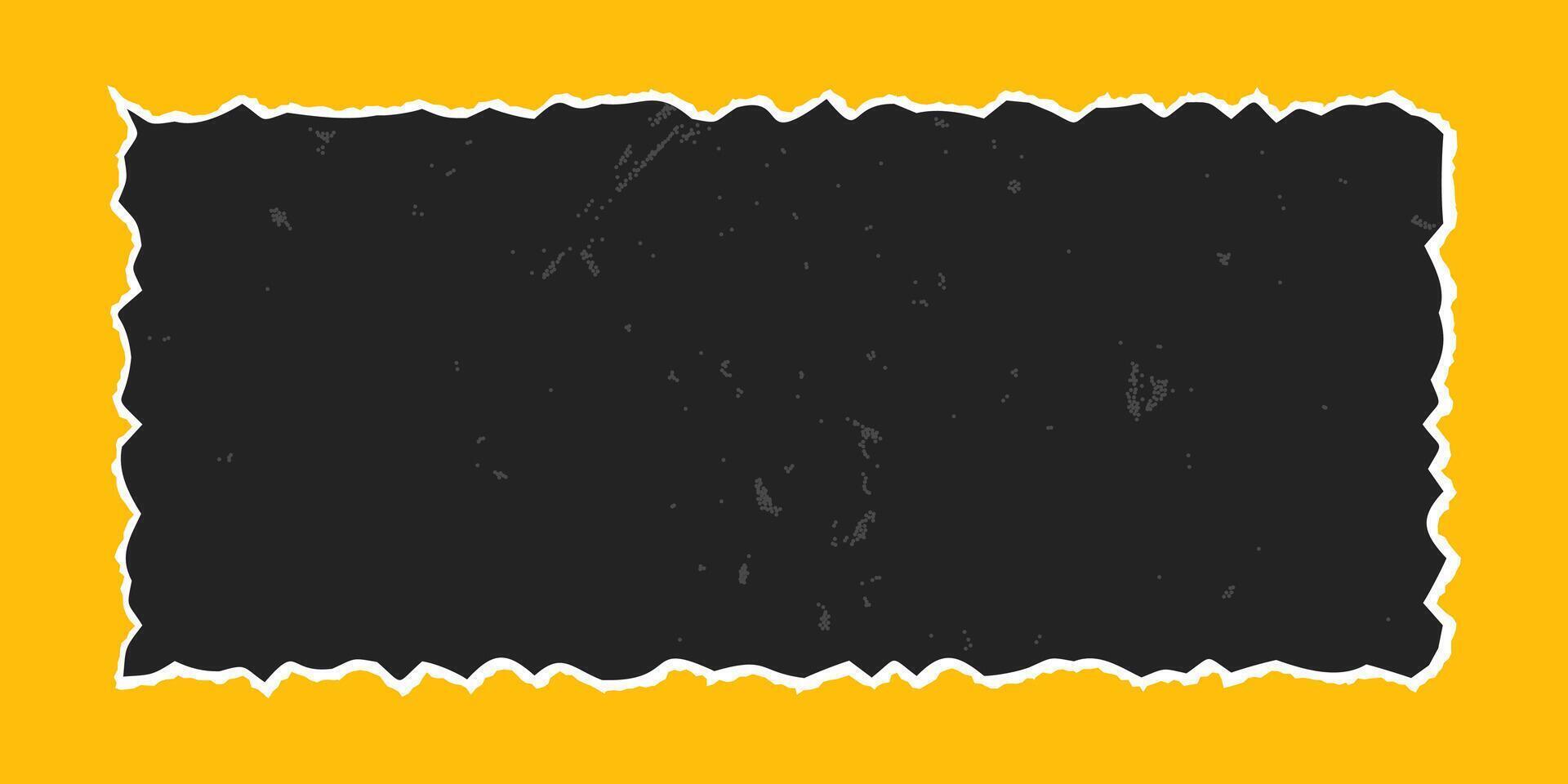 Black rectangular frame with vintage gritty texture, element with jagged edges isolated on yellow background. Old torn ripped paper, banner template. vector