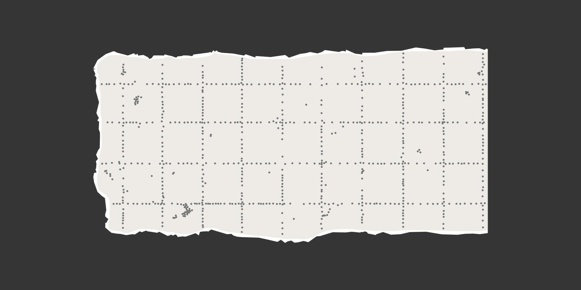 Torn piece of checkered paper sheet with jagged edges on dark background. Dotted textured background, noisy gritty effect. Banner template, empty space for text, ripped old element. vector