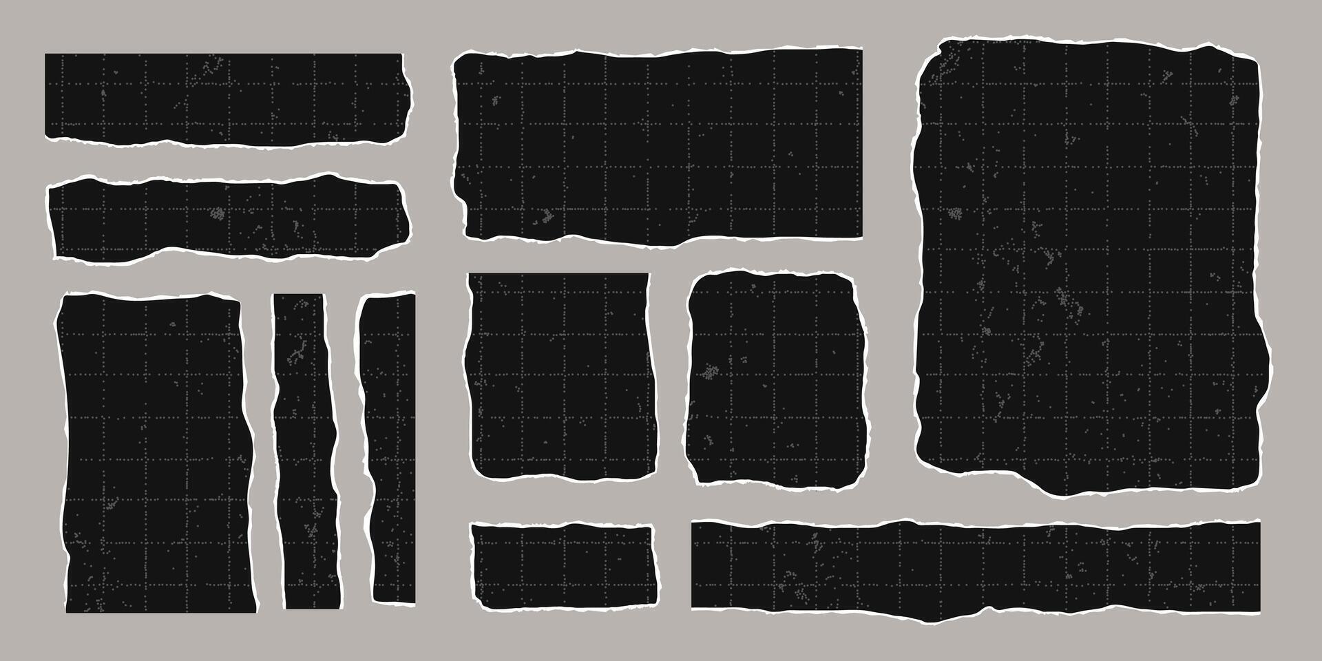 Set of black torn rectangular sheets of checkered paper with jagged edges. Ripped vintage elements of different shapes. Empty space for text, banner template vector