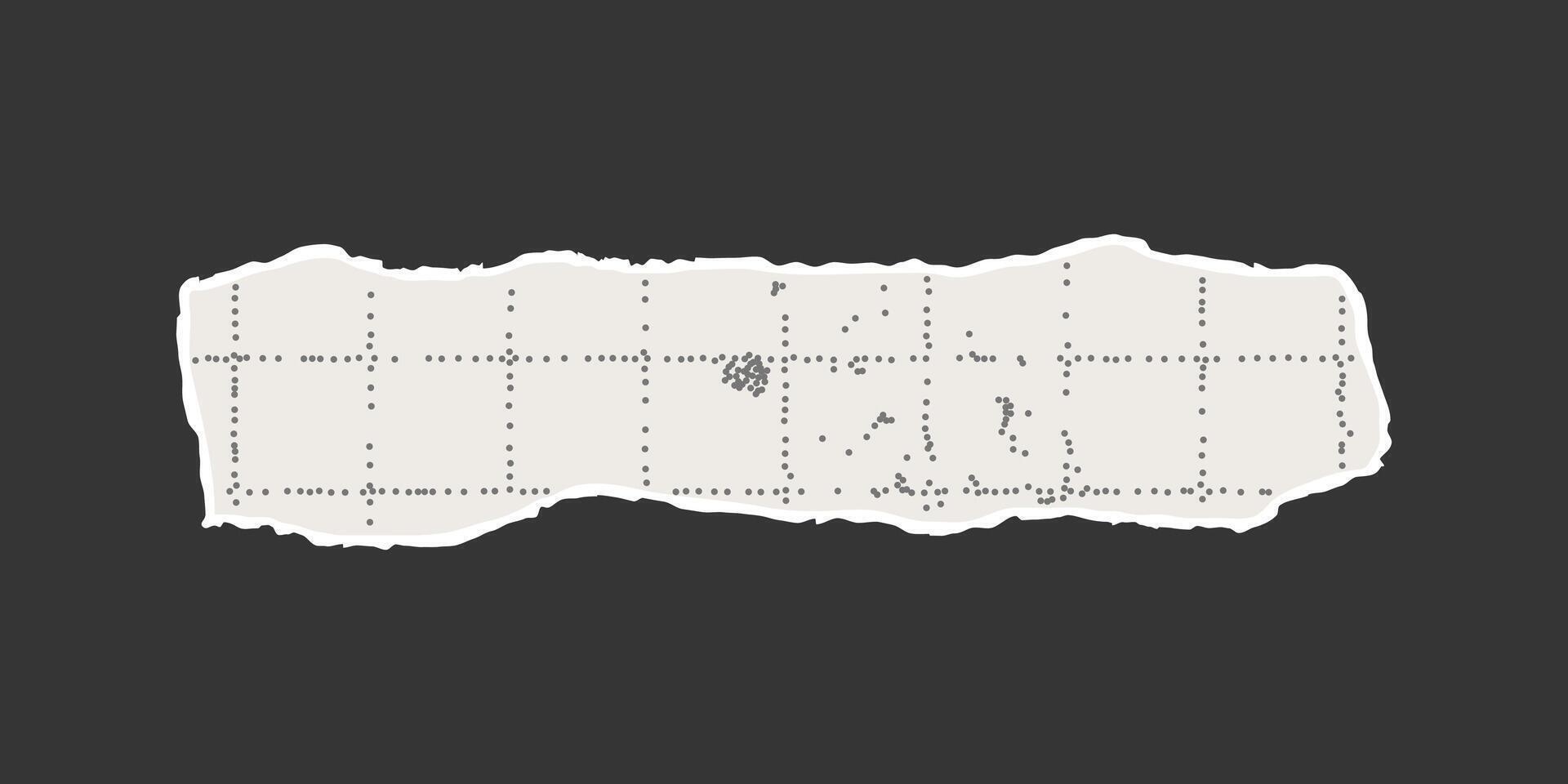 Torn strip sheet of checkered paper with uneven edges on dark background. Dotted textured background, noisy gritty effect. Banner template, empty space for text, ripped element. vector