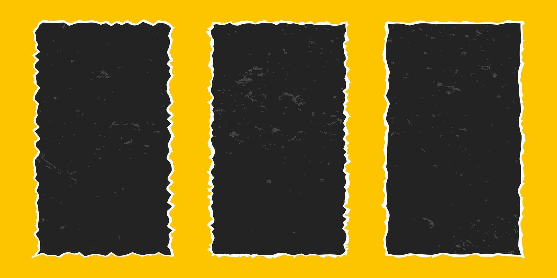 Set of vertical black rectangular frames made of torn paper with vintage gritty texture, elements with jagged edges isolated on yellow background. Old ripped paper. vector