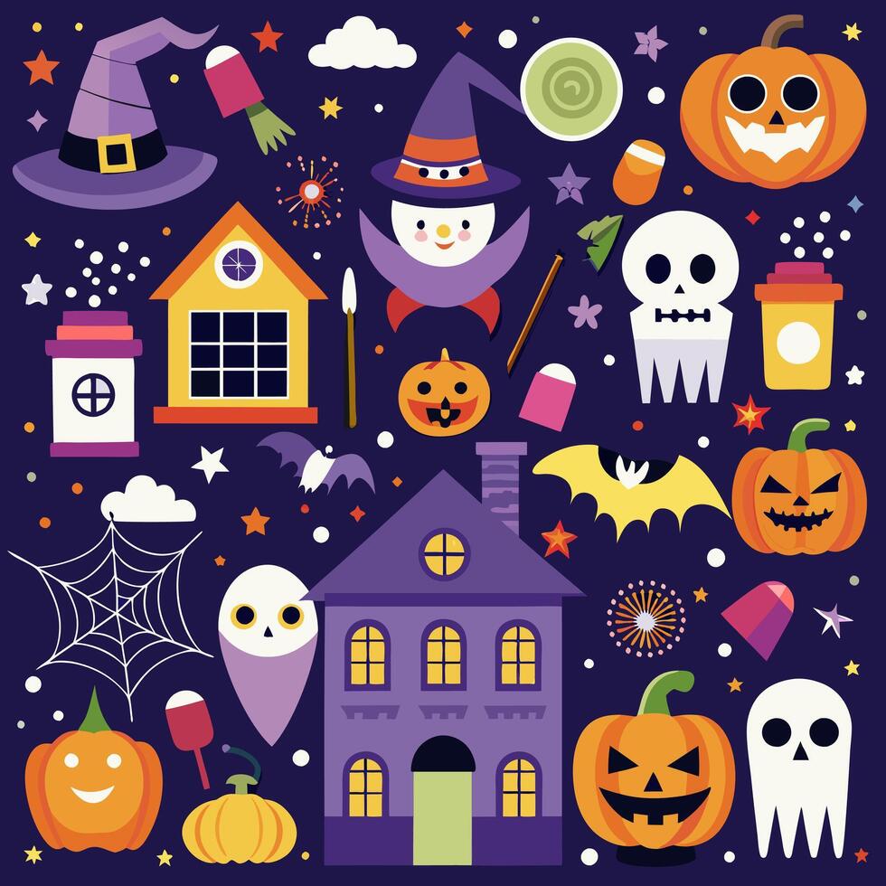 Happy Halloween icon set. Halloween background illustration. Halloween Skull images. Halloween Spooky House. vector
