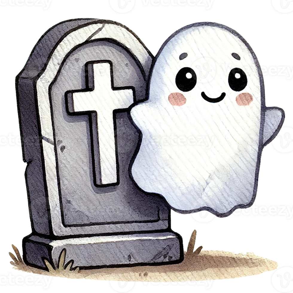 Cute cartoon ghost standing by a tombstone, adding a playful touch to Halloween or spooky themes. png