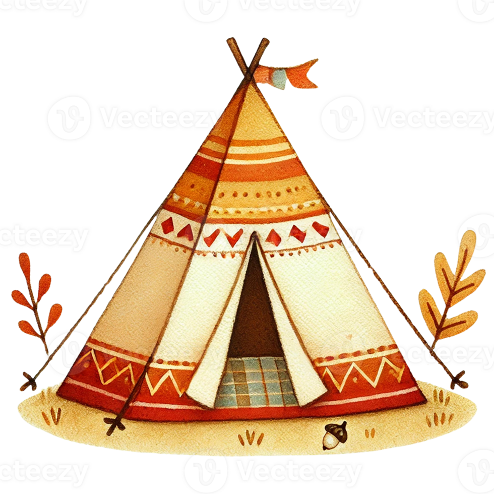 Colorful tent with unique patterns set in nature, perfect for illustrations of adventure, camping, and outdoor activities. png