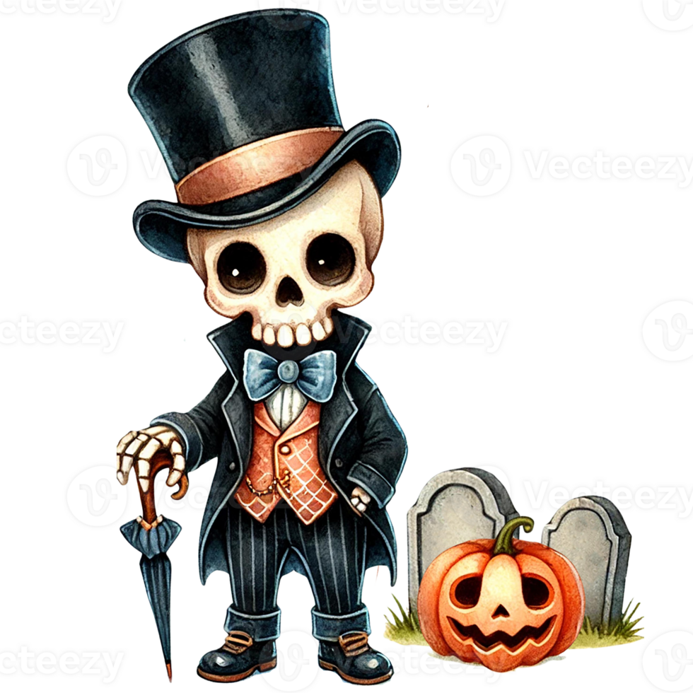 A whimsical skeleton in a top hat stands beside a pumpkin and gravestones, perfect for Halloween-themed designs. png