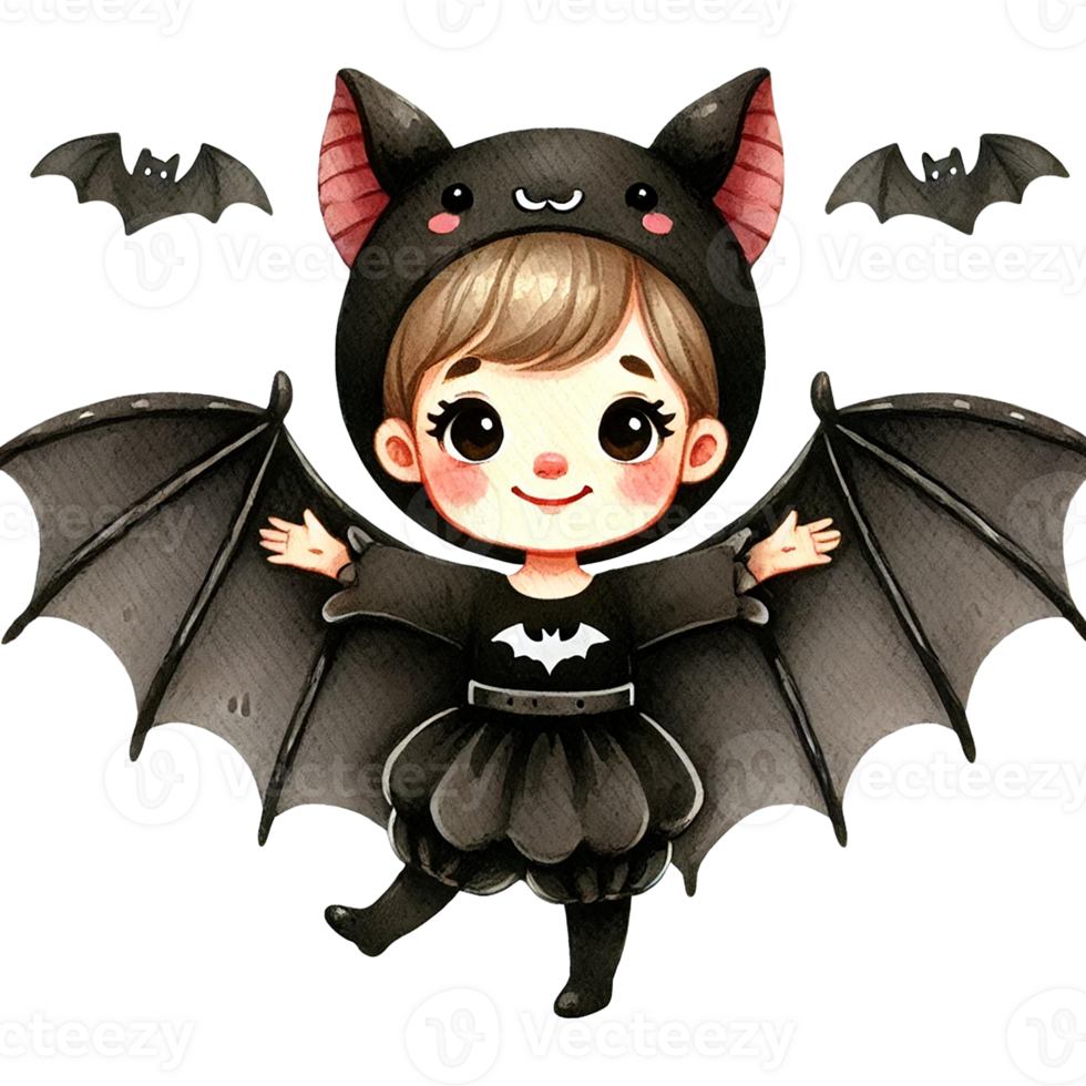 Adorable child dressed as a bat, showcasing playful spirit and creativity in a cute Halloween costume with wings. png