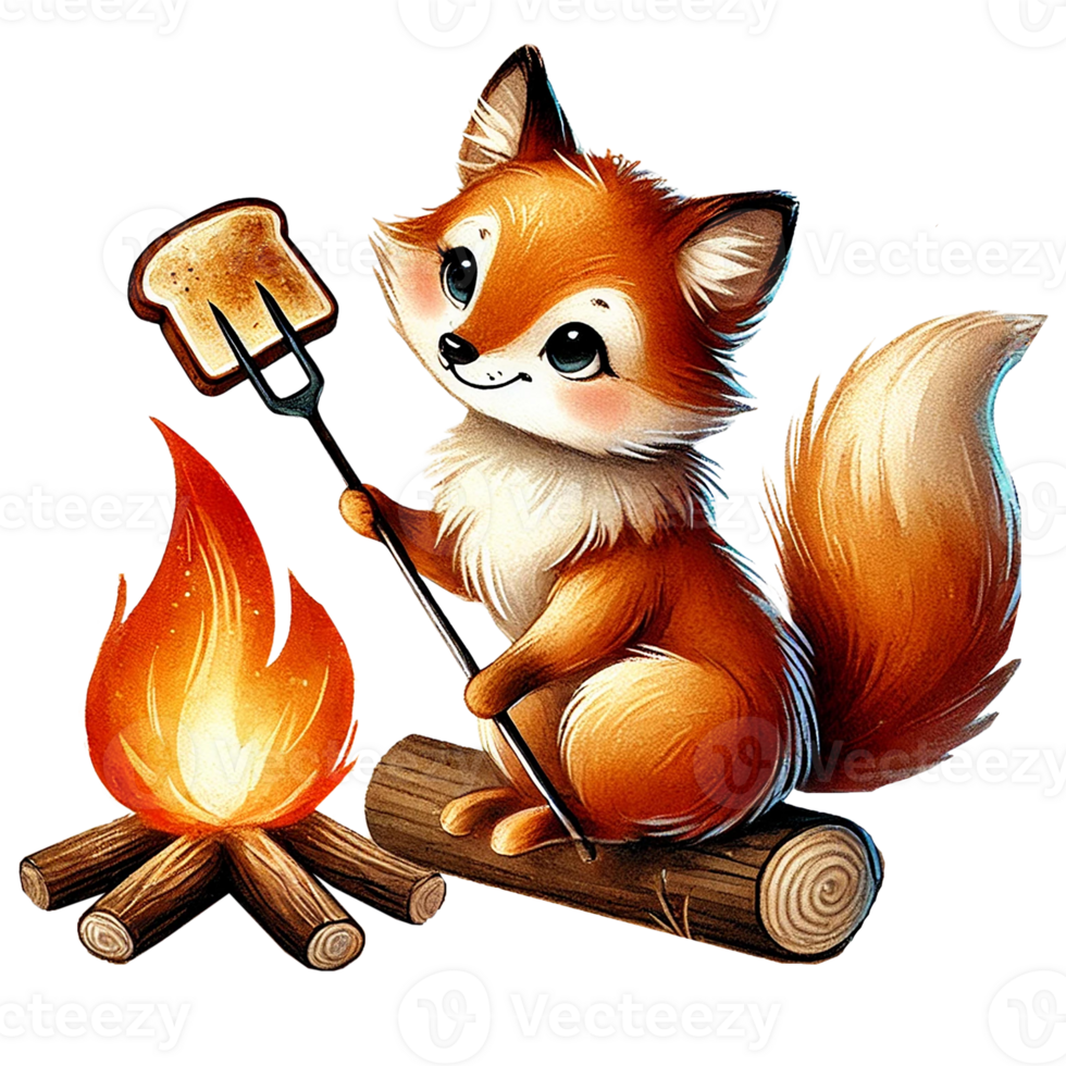 Cute fox toasting marshmallow over a campfire, surrounded by logs, inviting warmth and a sense of adventure in the wilderness. png