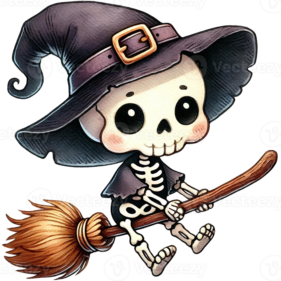 A cute skeleton wearing a witch hat, riding a broomstick, perfect for Halloween-themed designs and festive illustrations. png
