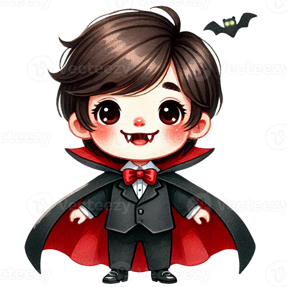 A cute vampire character with a stylish cape and bow tie, perfect for Halloween themes and children's illustrations. png