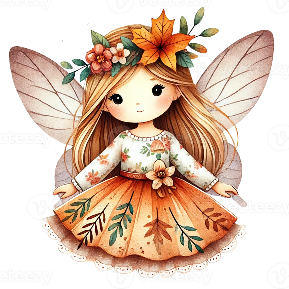A whimsical fairy character with autumn leaves, flowers, and delicate wings, perfect for enchanting illustrations and designs. png