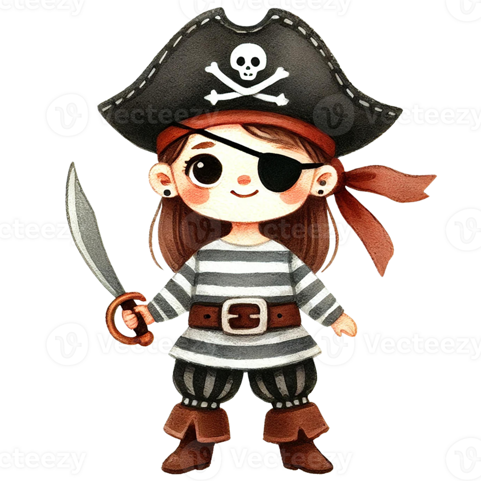A cute pirate girl character in a striped outfit, wearing a hat and holding a sword, perfect for adventure-themed designs. png