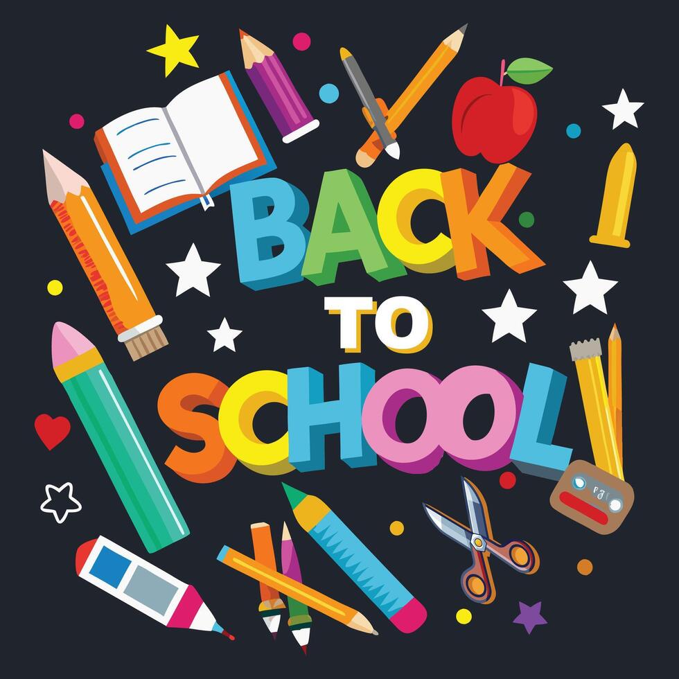 Back to school banner with note book, scissor and black background vector