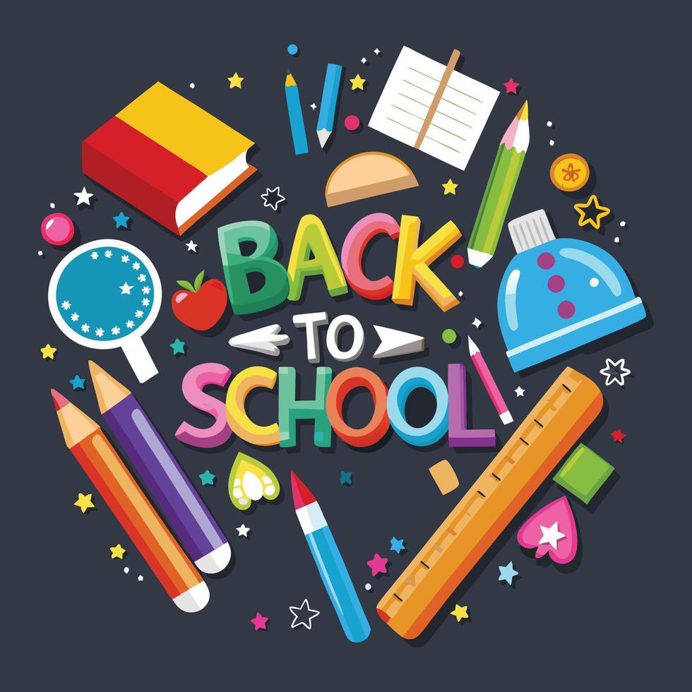 Back to school banner with note book, scissor and black background vector