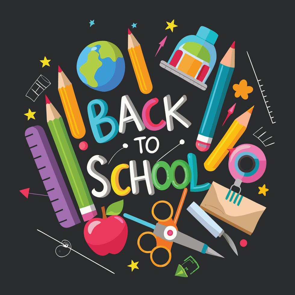 Back to school banner with note book, scissor and black background vector