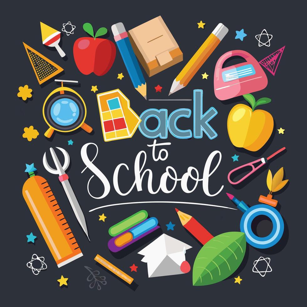 Back to school banner with note book, scissor and black background vector