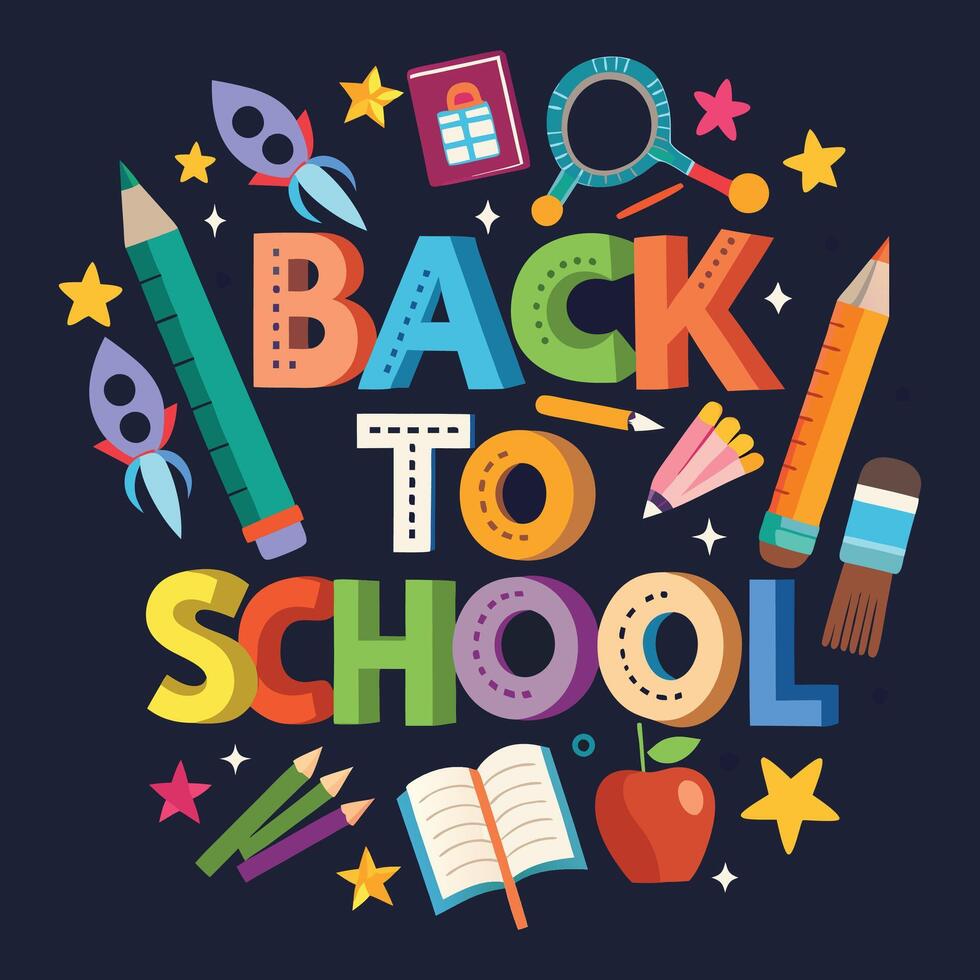 Back to school banner with note book, scissor and black background vector