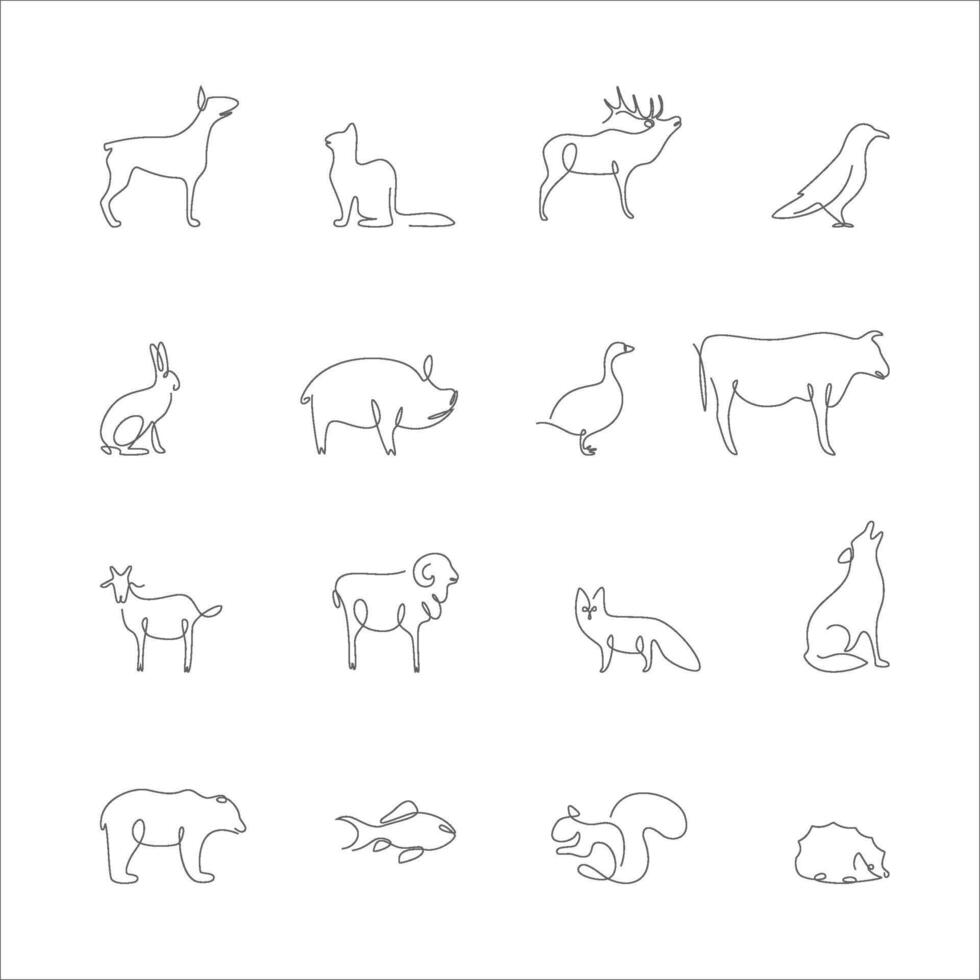 Animals One Continuous Line Drawing Sign Emblem Icon Set. vector