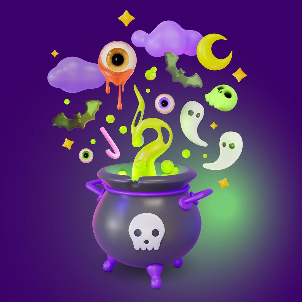 3d Happy Halloween Concept Witch Cauldron and Ghost Cartoon Design Style vector