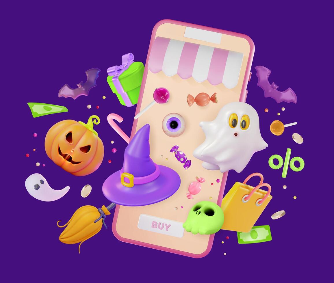 3d Halloween Special Sale Concept Smartphone with Party Elements Background Cartoon Design Style vector