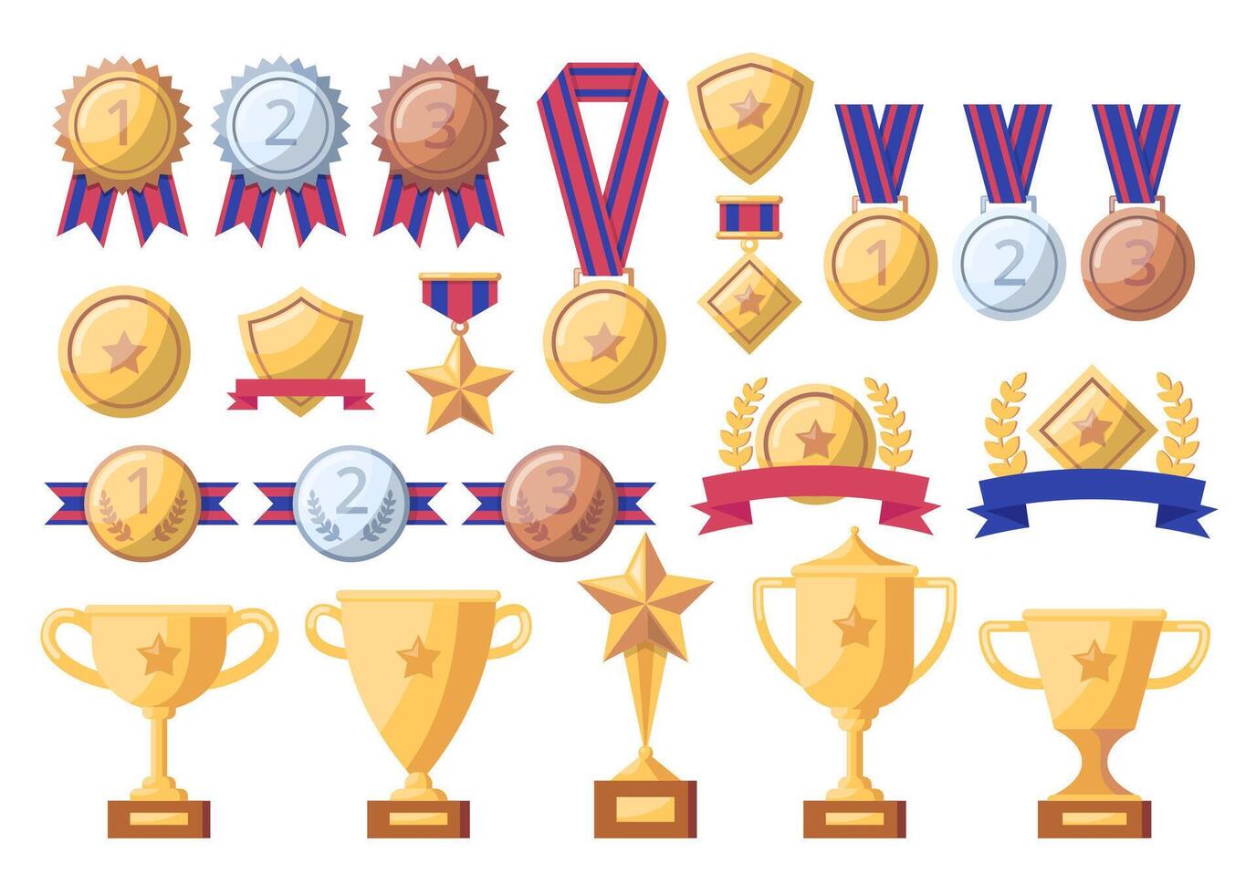 Cartoon Color Trophy or Awards for Winners Set. vector