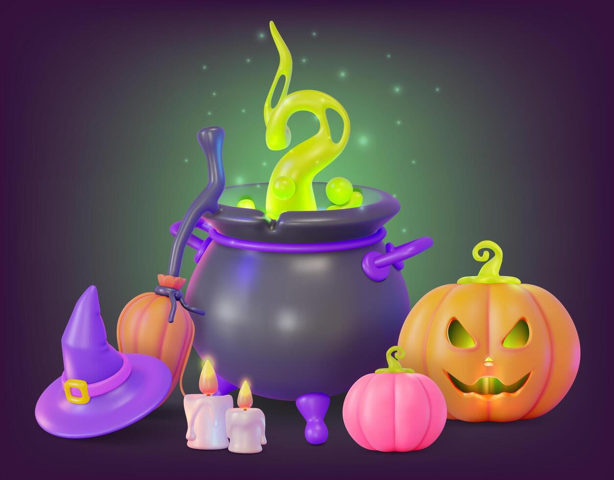 3d Happy Halloween Concept Cauldron or Pot, Hat and Broom Cartoon Design Style vector