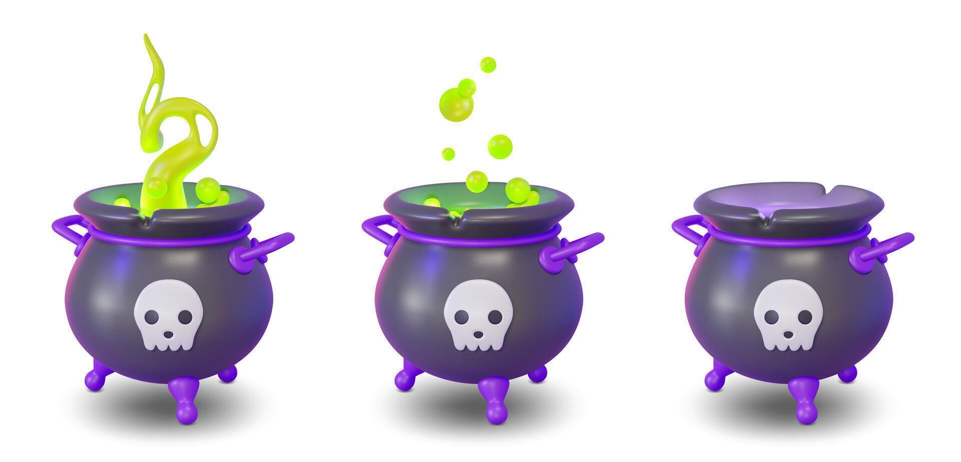 3d Different Witch Cauldron Set Halloween Concept Cartoon Design Style vector