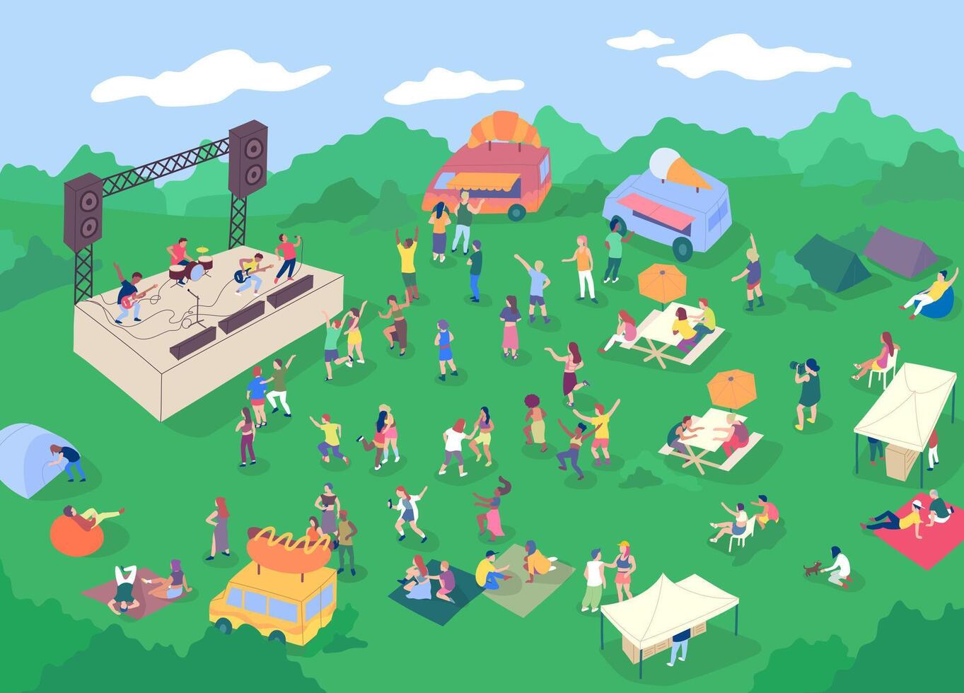 Cartoon Color Music Festival or Open-air Concert Scene. vector