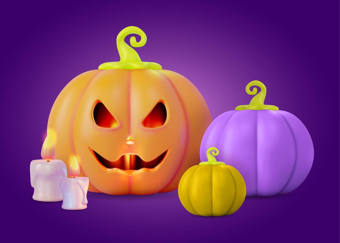 3d Happy Halloween Concept Pumpkin with Cut Scary Smile Cartoon Design Style vector