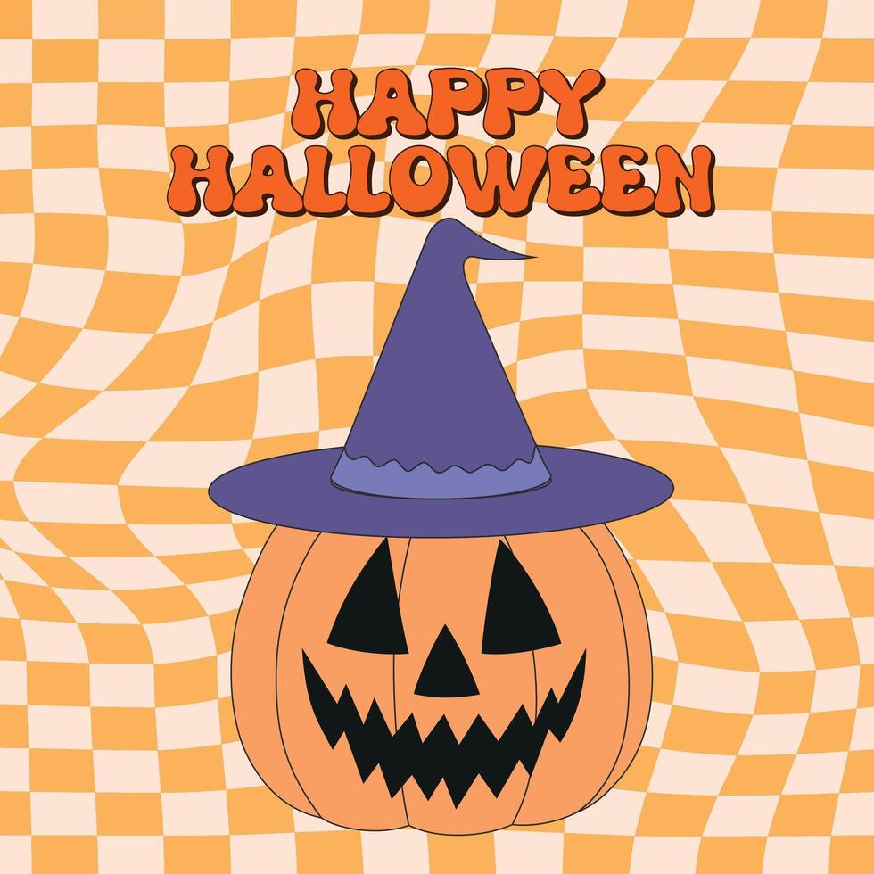 Groovy halloween poster withpumpkin on a wavy checkered background. Trendy retro groovy style and funny character. illustration for banner, wallpaper, flyer, invitation, poster. vector
