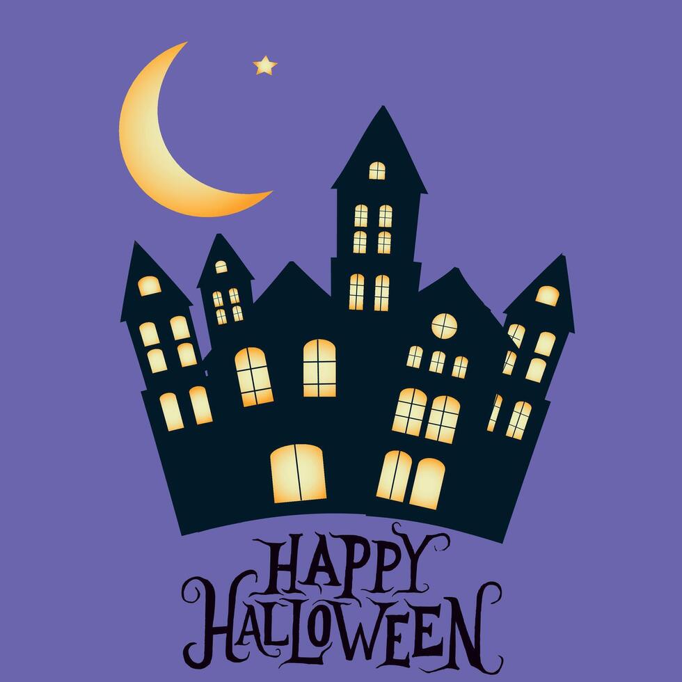 Halloween greeting card or poster with haunted castle with glowing windows under a crescent moon and star on a purple background. Design template for spooky festive decoration advertising, web. vector