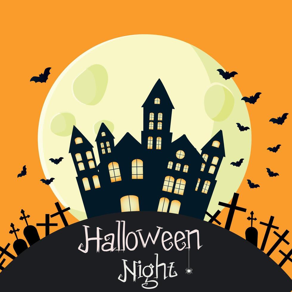 Happy Halloween. Haunted house under full moon with bats and graveyard for Halloween night. Perfect for party invitations, social media, festive event promotions. vector