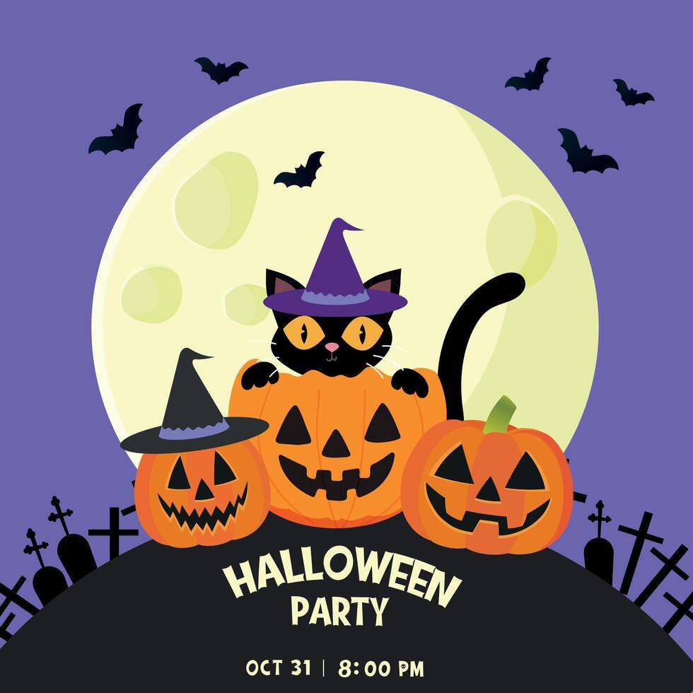 Halloween party invitation with black cat and smiling pumpkins and full moon. Trendy design for invitation, festive event, promotions, social media and party decoration vector