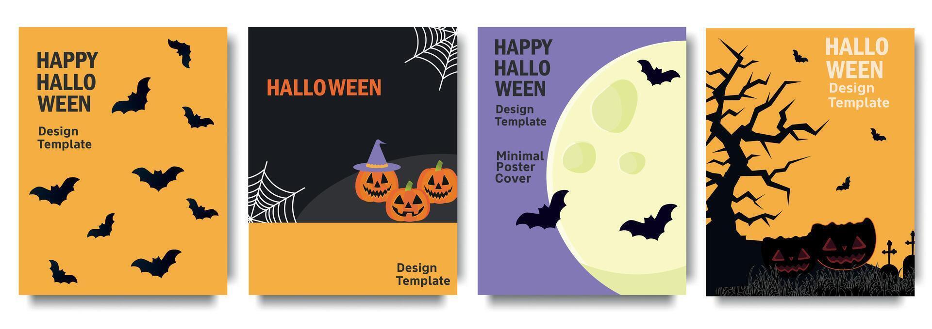 Happy Halloween. Halloween card set with spooky element bat, pumpkin, full moon, and haunted house. Trendy design for greeting card, decoration, ads, party invitation, banner, poster, cover, print. vector